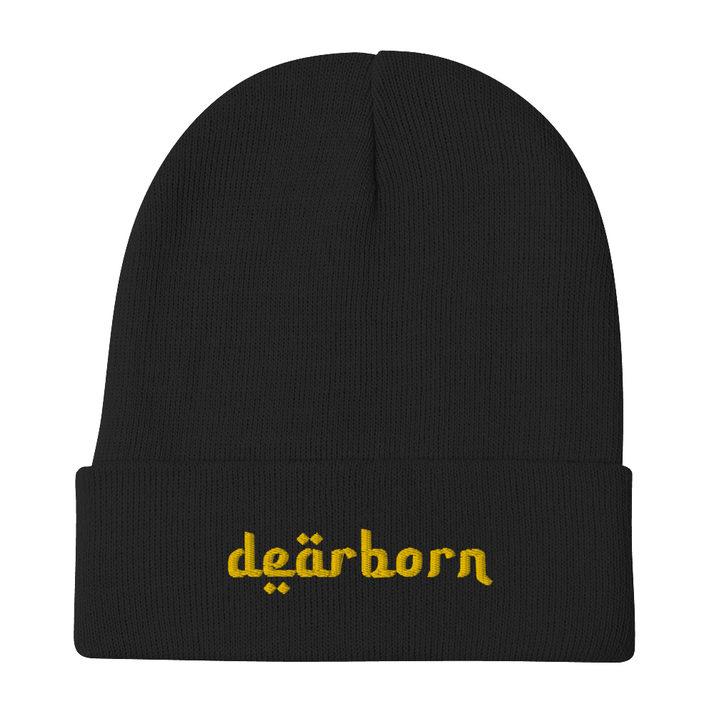 'Dearborn' Winter Beanie (Arabic-Style Font) | Gold Embroidery - Circumspice Michigan