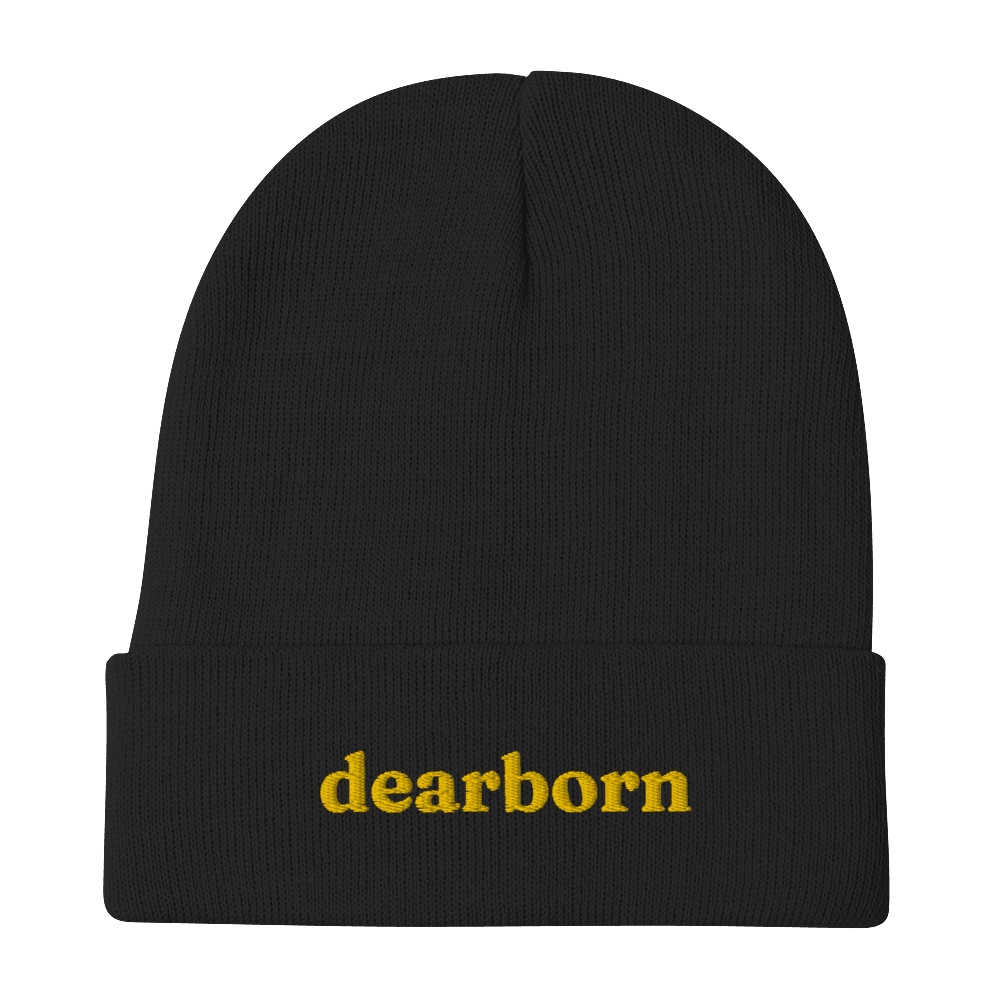 'Dearborn' Winter Beanie (Old-Style Serif Font) | Gold Embroidery - Circumspice Michigan