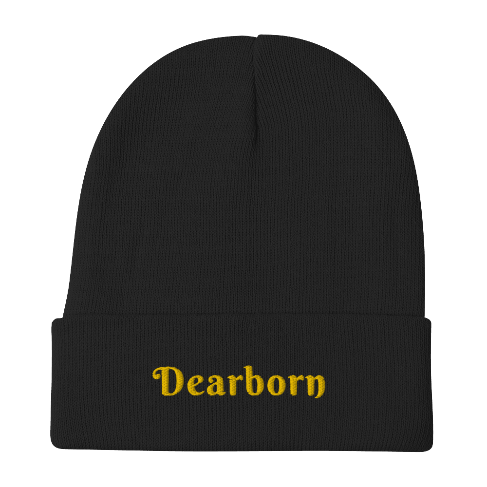 'Dearborn' Winter Beanie (Swash Font) | Gold Embroidery - Circumspice Michigan