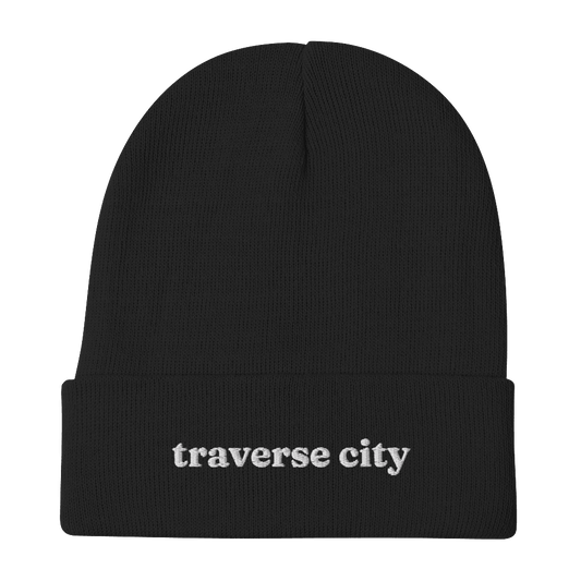 'Traverse City' Winter Beanie (Old-Style Serif Font) | White/Navy Embroidery - Circumspice Michigan