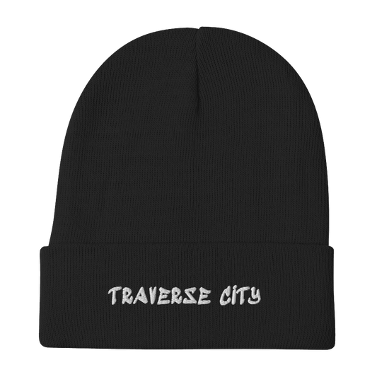 'Traverse City' Winter Beanie (Hip Hop Font) | White/Black Embroidery - Circumspice Michigan