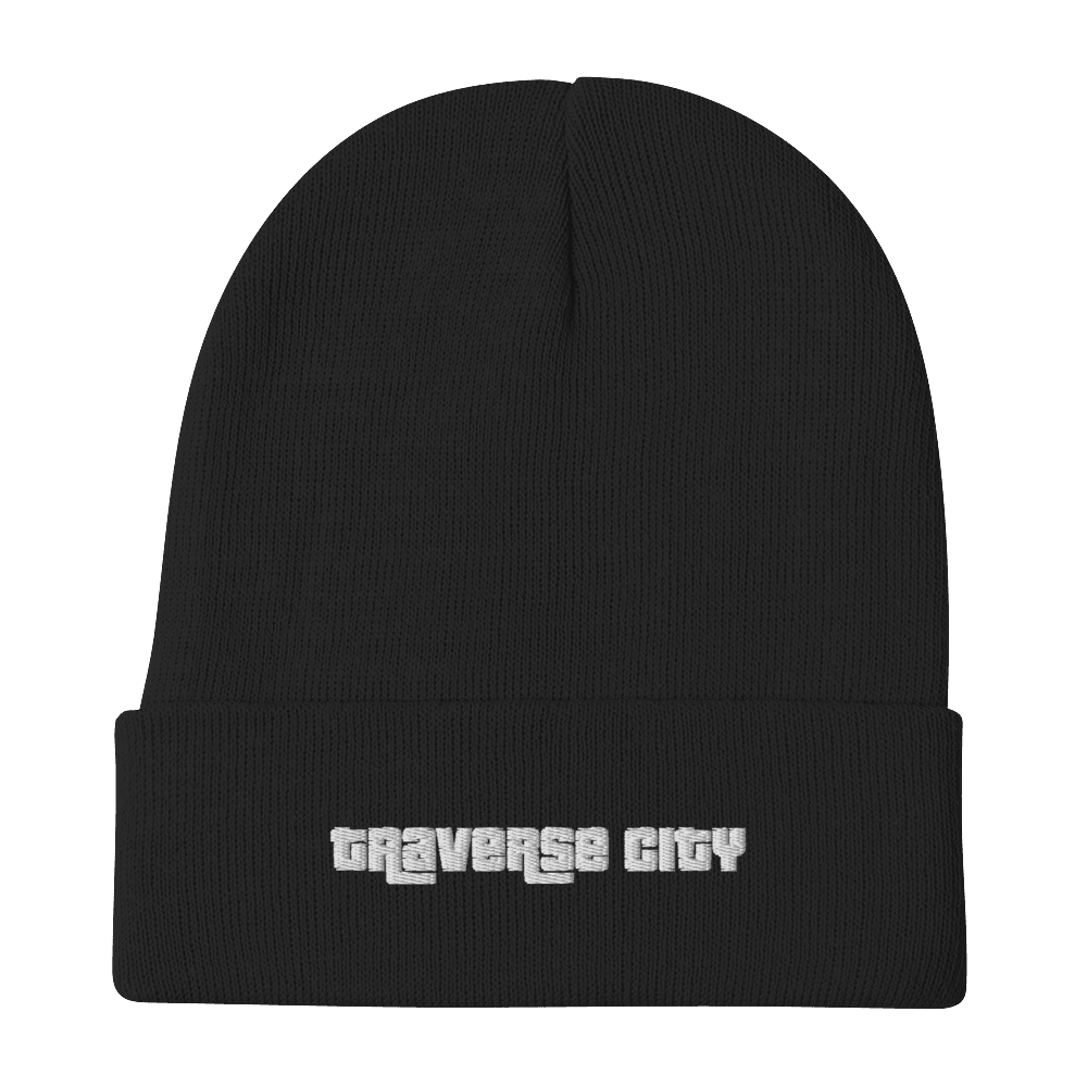 'Traverse City' Winter Beanie (1970s Font) | White/Black Embroidery - Circumspice Michigan