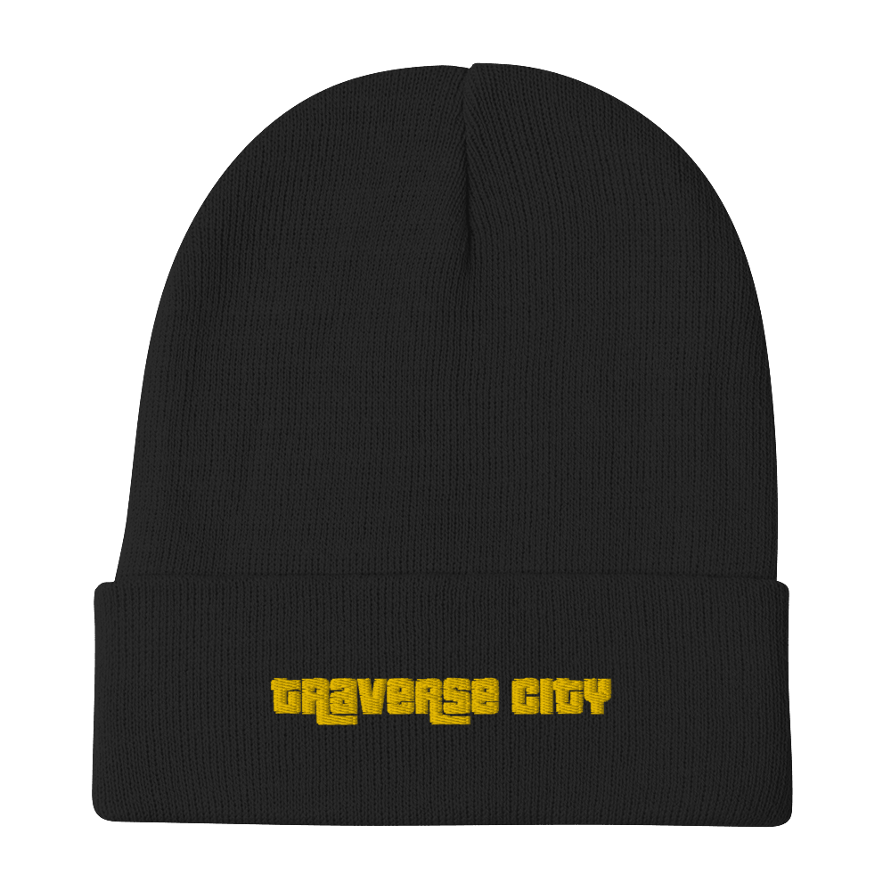 'Traverse City' Winter Beanie (1970's Font) | Gold Embroidery - Circumspice Michigan