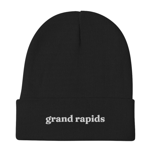 'Grand Rapids' Winter Beanie (Old Style Serif Font) | White/Black Embroidery - Circumspice Michigan