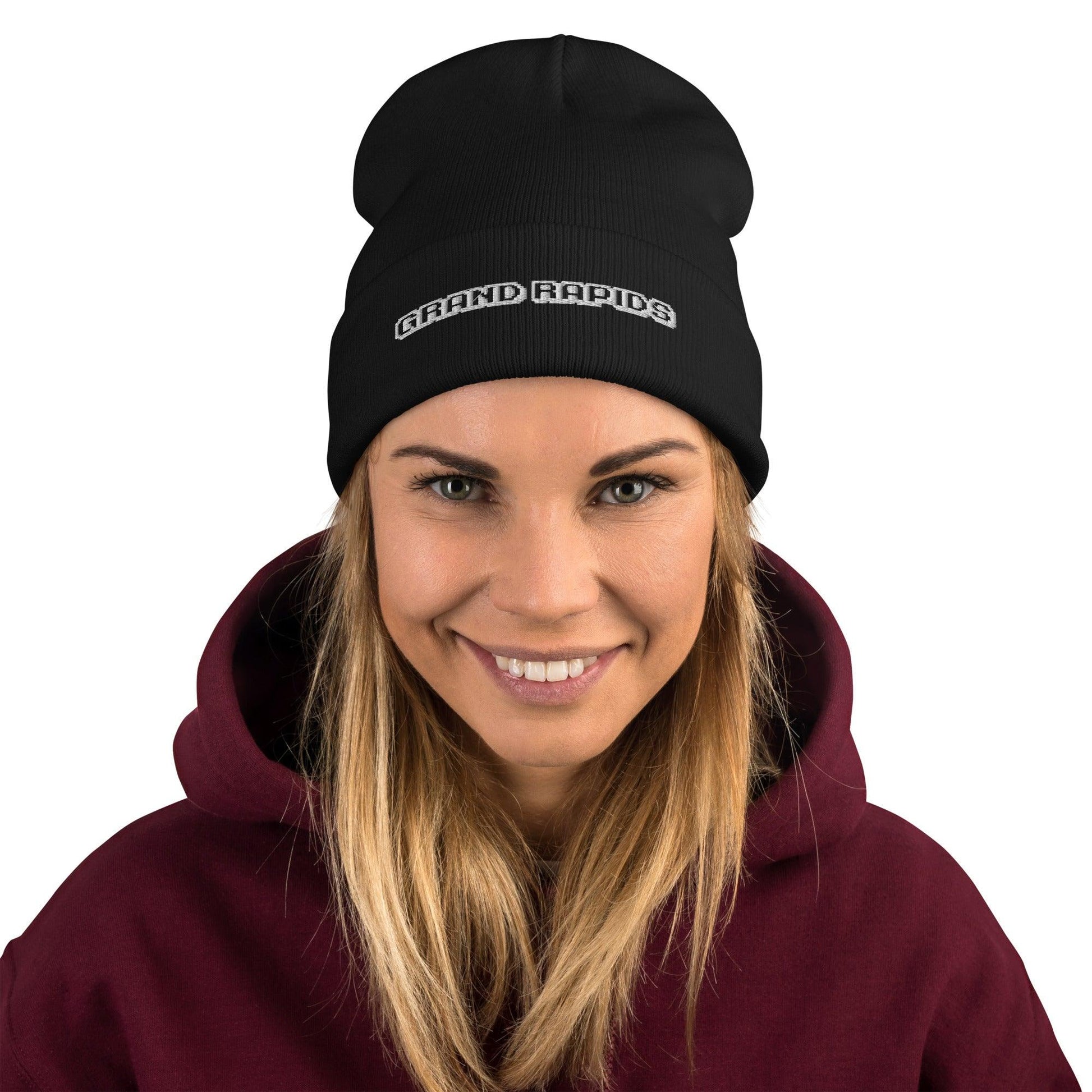 'Grand Rapids' Winter Beanie (Arcade Font) | White/Black Embroidery - Circumspice Michigan