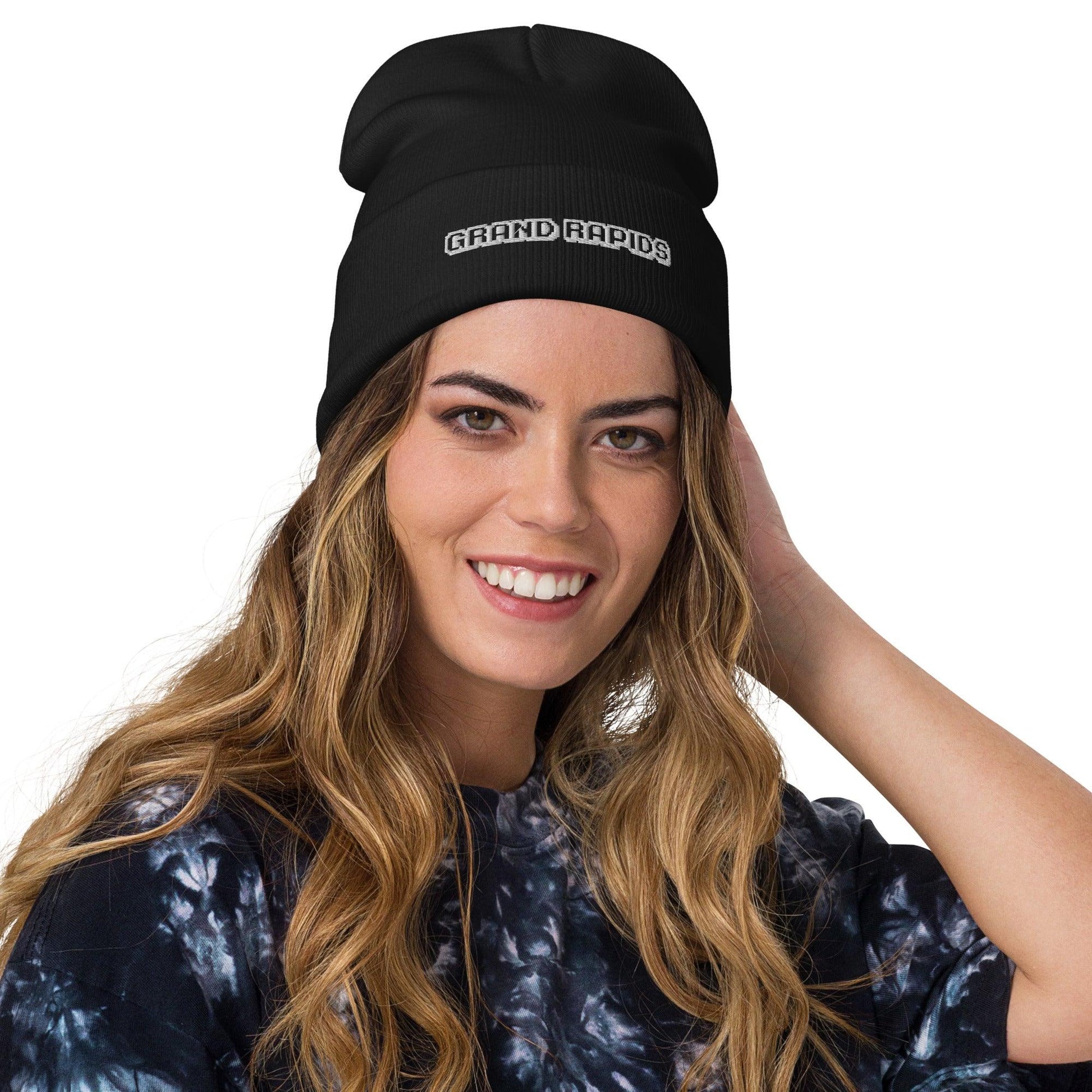 'Grand Rapids' Winter Beanie (Arcade Font) | White/Black Embroidery - Circumspice Michigan