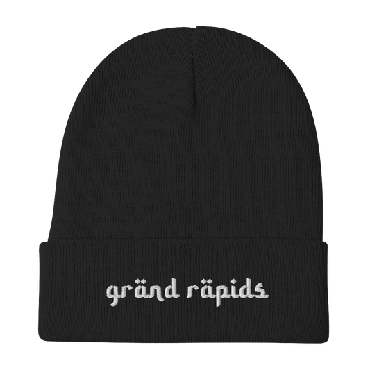 'Grand Rapids' Winter Beanie (Arabic-Style Font) | White/Black Embroidery - Circumspice Michigan