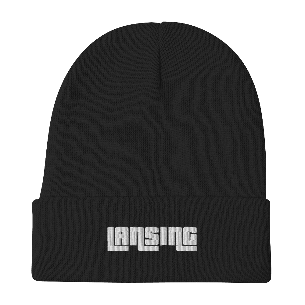 'Lansing' Winter Beanie (1970s Font) | White/Black Embroidery - Circumspice Michigan