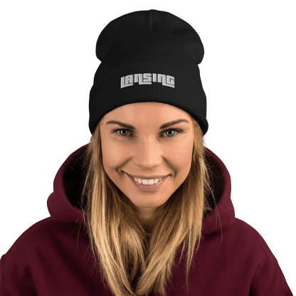 'Lansing' Winter Beanie (1970s Font) | White/Black Embroidery - Circumspice Michigan