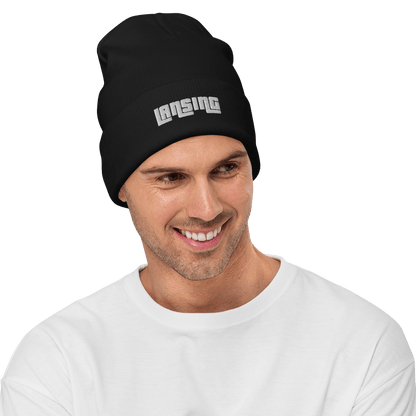 'Lansing' Winter Beanie (1970s Font) | White/Black Embroidery - Circumspice Michigan