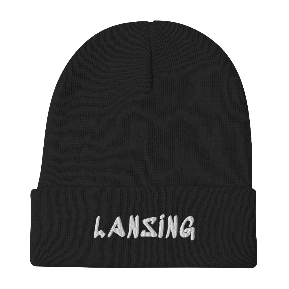 'Lansing' Winter Beanie (1980's Hip Hop Font) | White/Black Embroidery - Circumspice Michigan