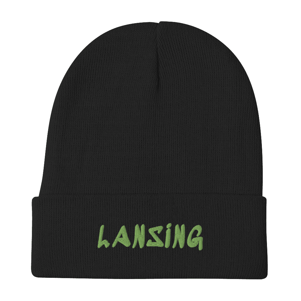 'Lansing' Winter Beanie (1980's Hip Hop Font) | Green Embroidery - Circumspice Michigan