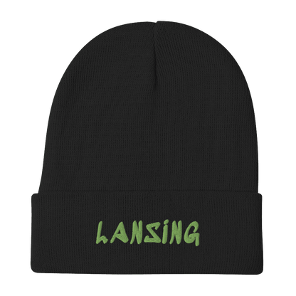 'Lansing' Winter Beanie (1980's Hip Hop Font) | Green Embroidery - Circumspice Michigan