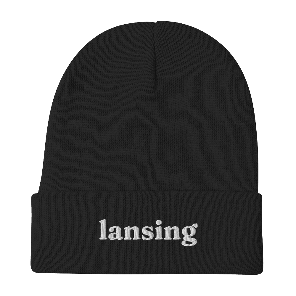 'Lansing' Winter Beanie (Old-Style Serif Font) | White/Black Embroidery - Circumspice Michigan