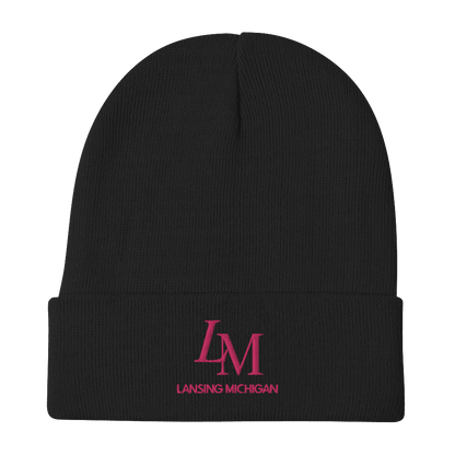 'LM Lansing Michigan' Winter Beanie (Luxury Goods Parody) | Pink Embroidery - Circumspice Michigan