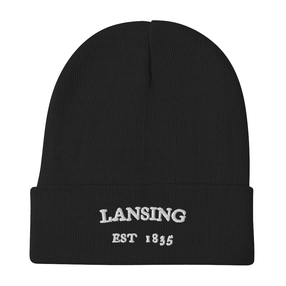 'Lansing EST 1835'  Winter Beanie | White/Black Embroidery - Circumspice Michigan