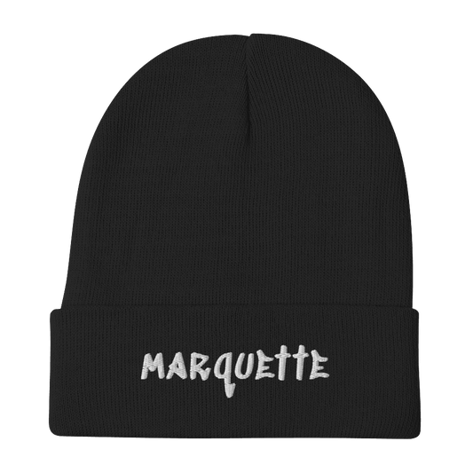 'Marquette' Winter Beanie (1980's Hip Hop Font) | White/Black Embroidery - Circumspice Michigan