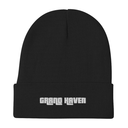 'Grand Haven' Winter Beanie (1970s Font) | White/Black Embroidery - Circumspice Michigan