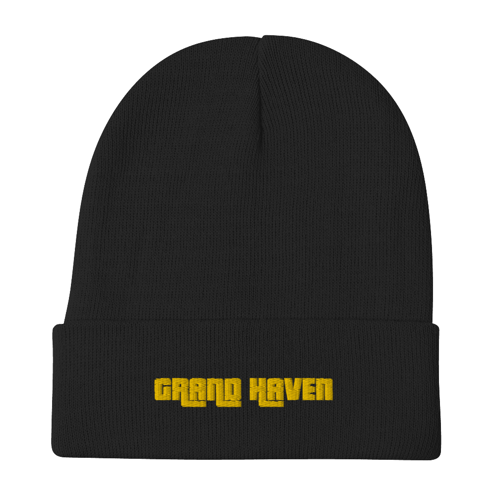 'Grand Haven' Winter Beanie (1970s Font) | Gold Embroidery - Circumspice Michigan