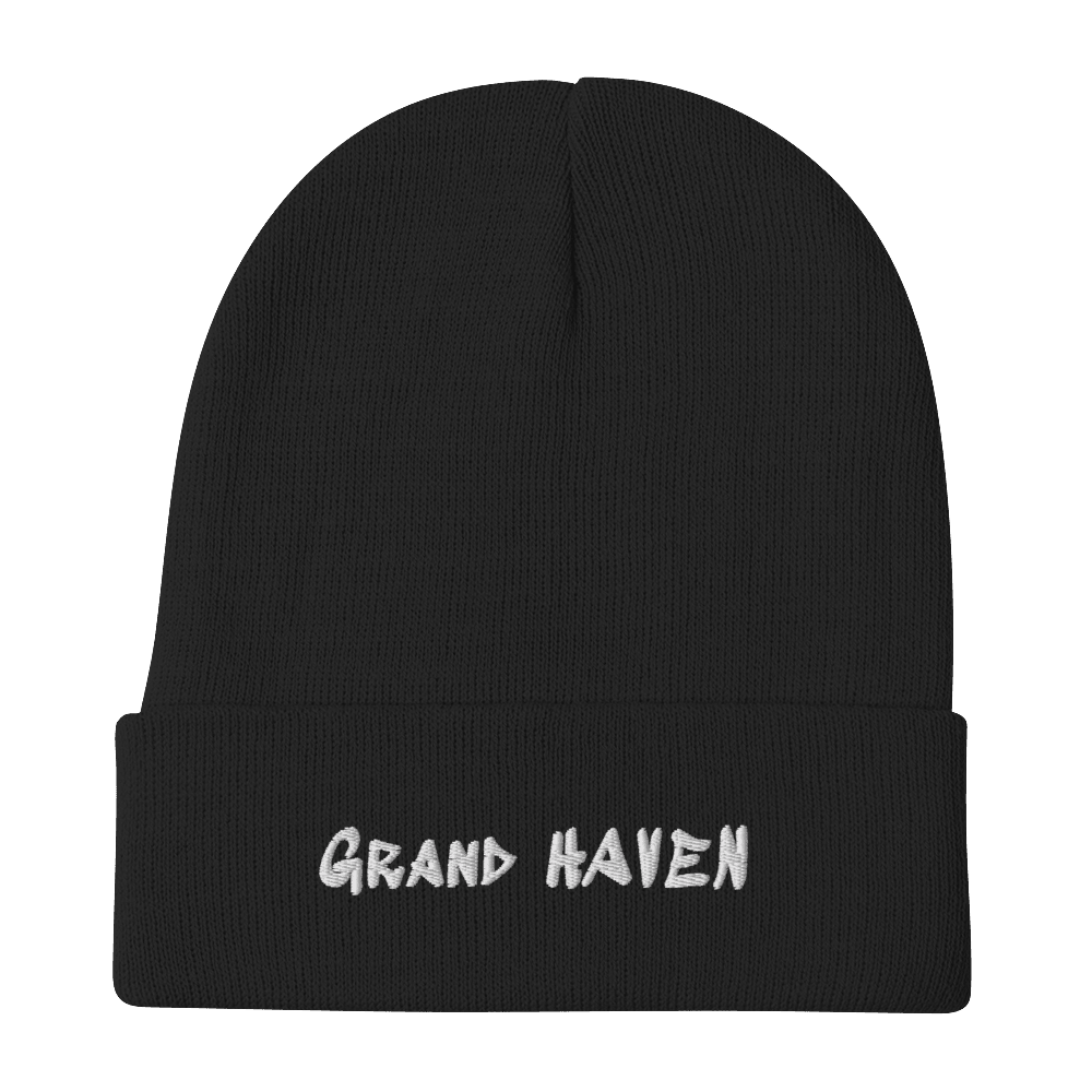 'Grand Haven' Winter Beanie (1980s Hip Hop Font) | White/Black Embroidery - Circumspice Michigan