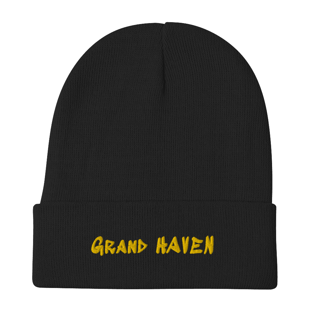 'Grand Haven' Winter Beanie (1980s Hip Hop Font) | Gold Embroidery - Circumspice Michigan