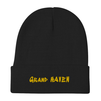 'Grand Haven' Winter Beanie (1980s Hip Hop Font) | Gold Embroidery - Circumspice Michigan