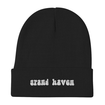 'Grand Haven' Winter Beanie (1960s Font) | White Embroidery - Circumspice Michigan