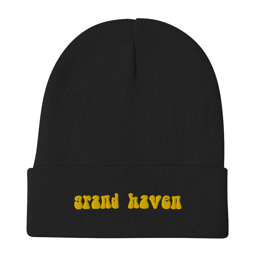 'Grand Haven' Winter Beanie (1960s Font) | Gold Embroidery - Circumspice Michigan