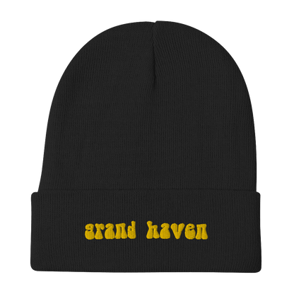 'Grand Haven' Winter Beanie (1960s Font) | Gold Embroidery - Circumspice Michigan