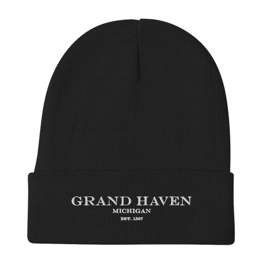 'Grand Haven Michigan EST 1867' Winter Beanie | White/Black Embroidery - Circumspice Michigan