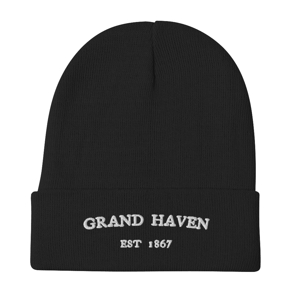 'Grand Haven EST 1867' Winter Beanie | White/Navy Embroidery - Circumspice Michigan