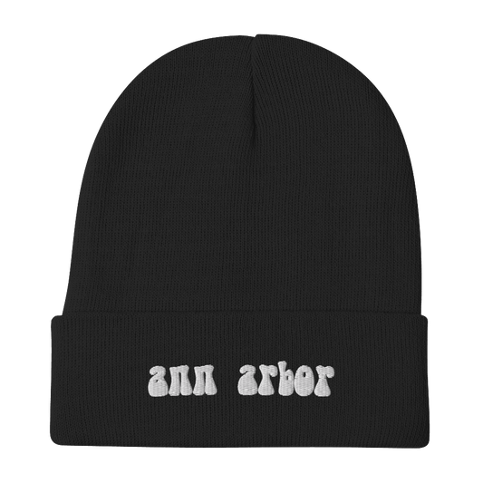 'Ann Arbor' Winter Beanie (1960s Font) | White Embroidery - Circumspice Michigan