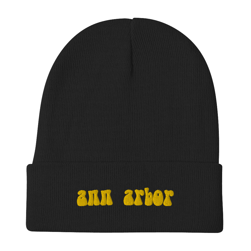 'Ann Arbor' Winter Beanie (1960s Font) | Gold Embroidery - Circumspice Michigan