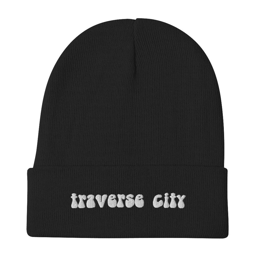 'Traverse City' Winter Beanie (1960s Font) | White/Black Embroidery - Circumspice Michigan