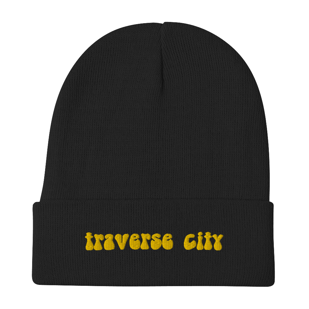 'Traverse City' Winter Beanie (1960s Font) | Gold Embroidery - Circumspice Michigan