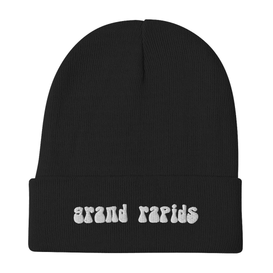 'Grand Rapids' Winter Beanie (1960s Font) | White/Black Embroidery - Circumspice Michigan