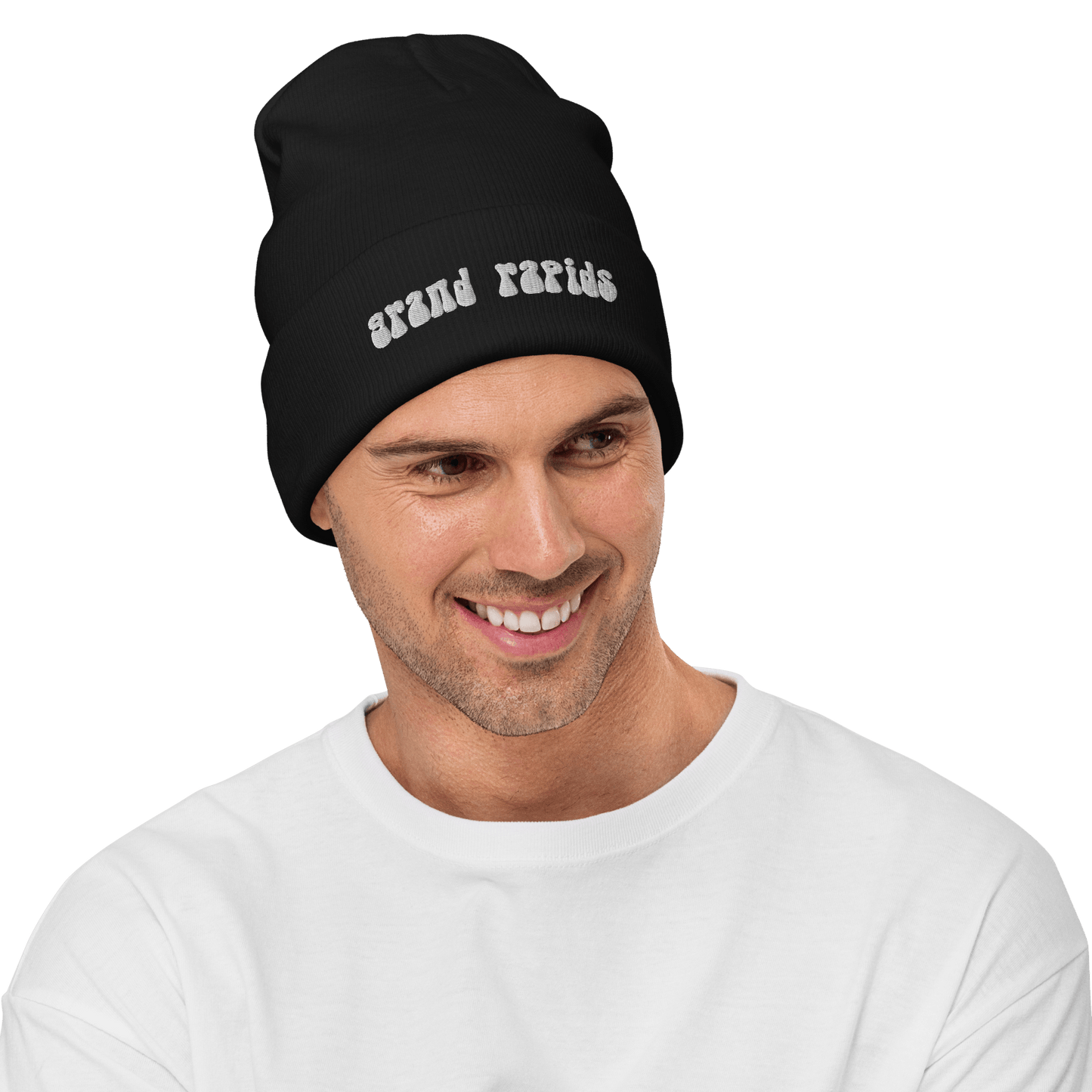 'Grand Rapids' Winter Beanie (1960s Font) | White/Black Embroidery - Circumspice Michigan