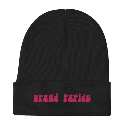 'Grand Rapids' Winter Beanie (1960s Font) | Pink Embroidery - Circumspice Michigan