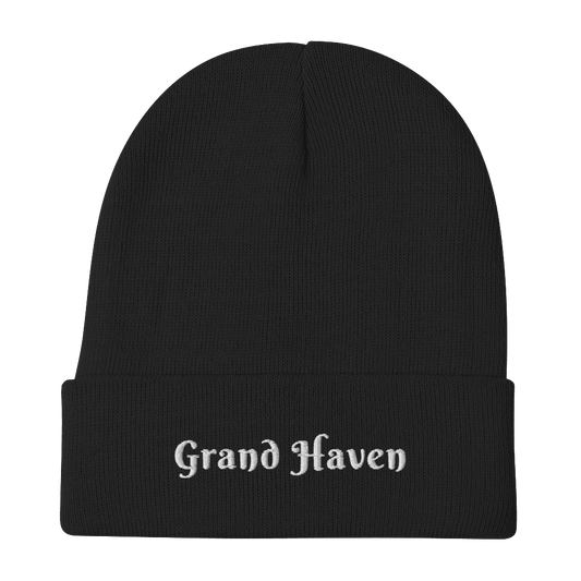 'Grand Haven' Winter Beanie (Swash Font) | White/Black Embroidery - Circumspice Michigan