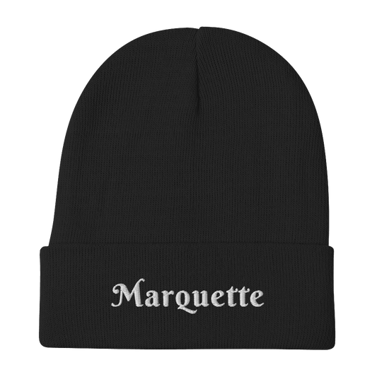 'Marquette' Winter Beanie (1960s Font) | White/Black Embroidery - Circumspice Michigan