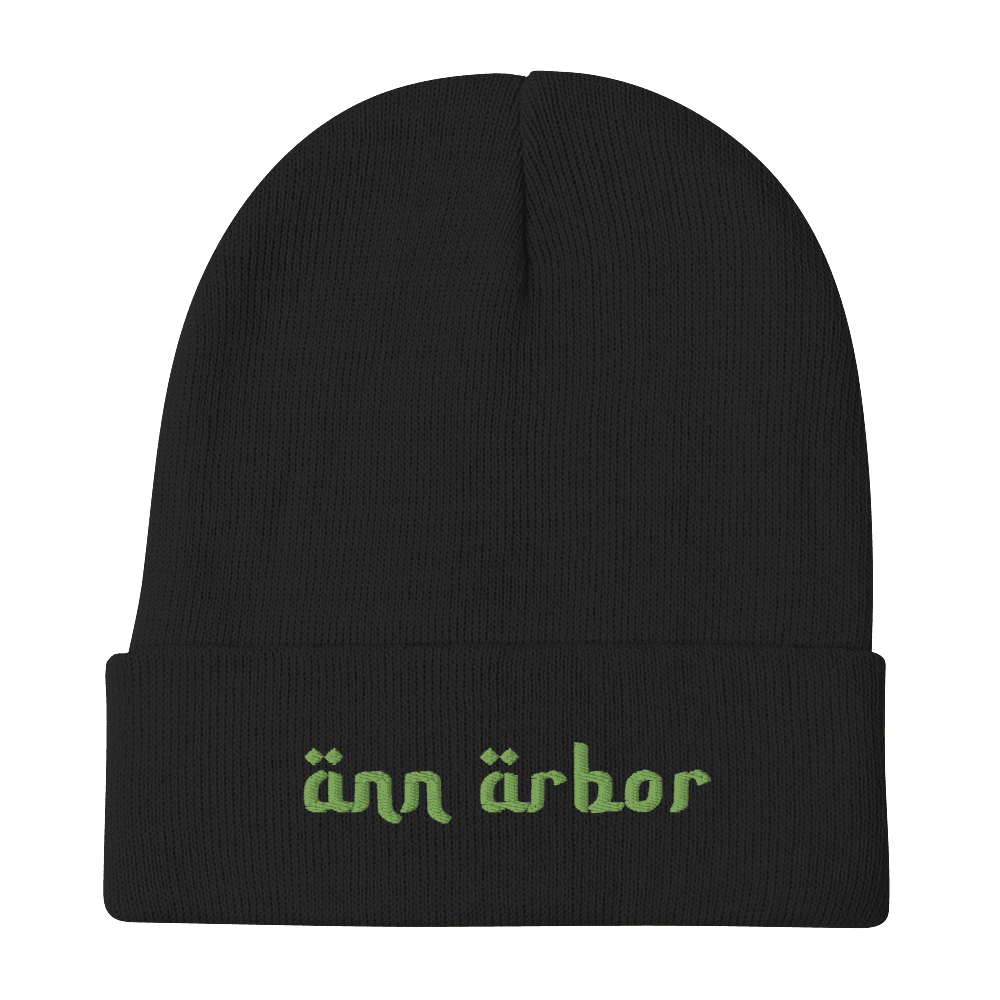 'Ann Arbor' Winter Beanie (Arabic-Style Font) | Green Embroidery - Circumspice Michigan