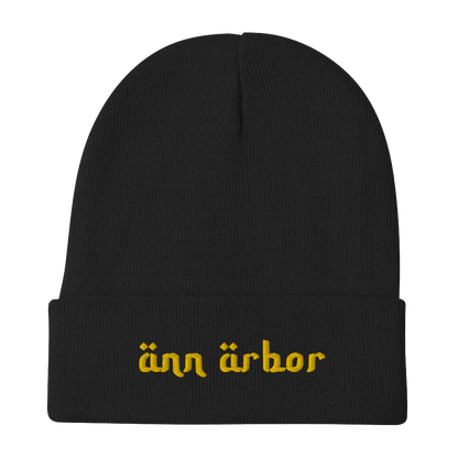 'Ann Arbor' Winter Beanie (Arabic-Style Font) l Gold Embroidery - Circumspice Michigan