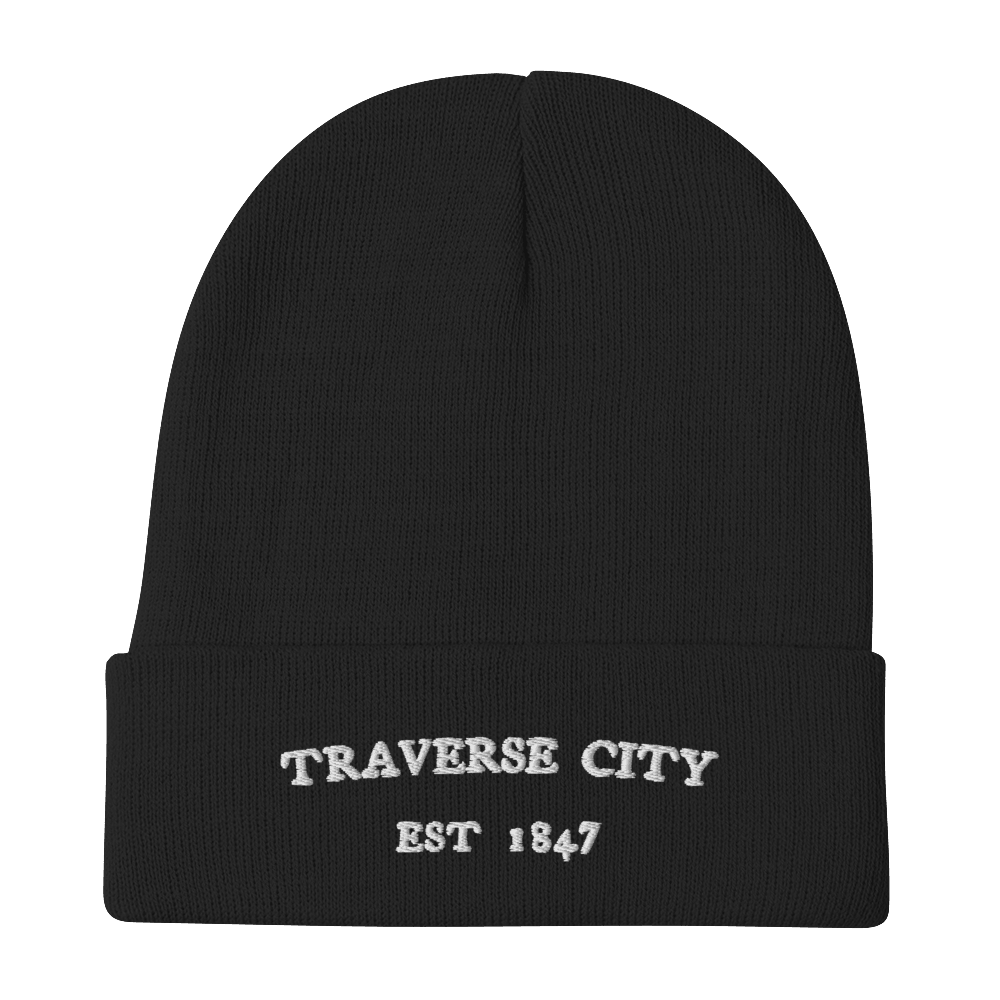 'Traverse City Michigan EST 1847' Winter Beanie | White/Black Embroidery - Circumspice Michigan