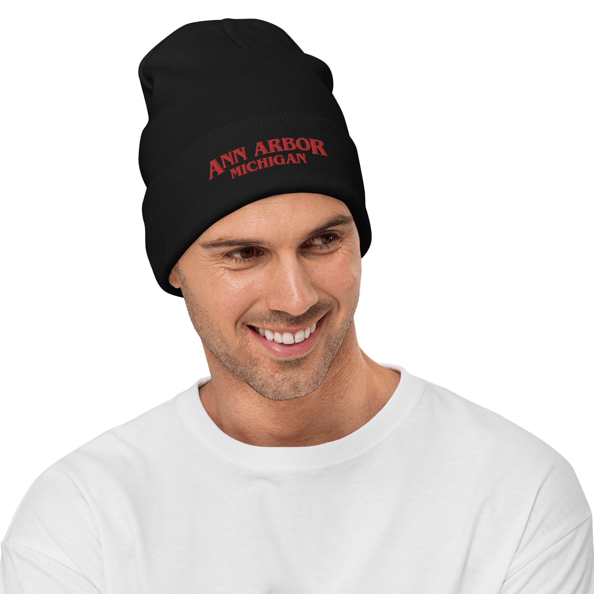 'Ann Arbor Michigan' Winter Beanie (1980s Drama Parody) | Red/White Embroidery - Circumspice Michigan