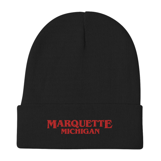 'Marquette Michigan' Winter Beanie (1980s Drama Parody) | Red/White Embroidery - Circumspice Michigan