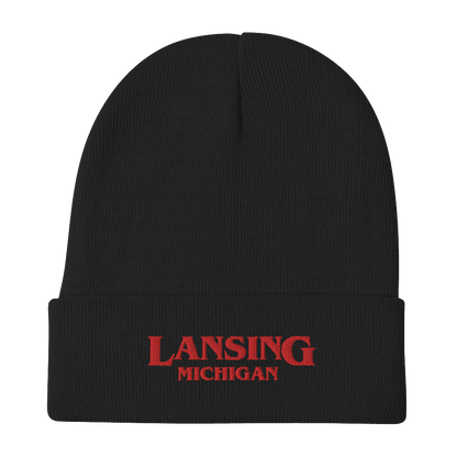 'Lansing Michigan' Winter Beanie (1980s Drama Parody) | Red/White Embroidery - Circumspice Michigan