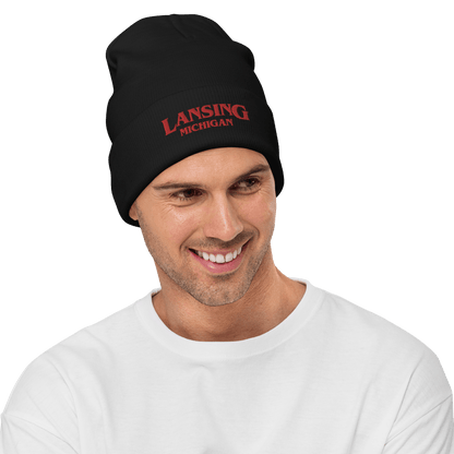 'Lansing Michigan' Winter Beanie (1980s Drama Parody) | Red/White Embroidery - Circumspice Michigan