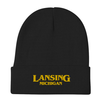 'Lansing Michigan' Winter Beanie (1980s Drama Parody) | Gold Embroidery - Circumspice Michigan