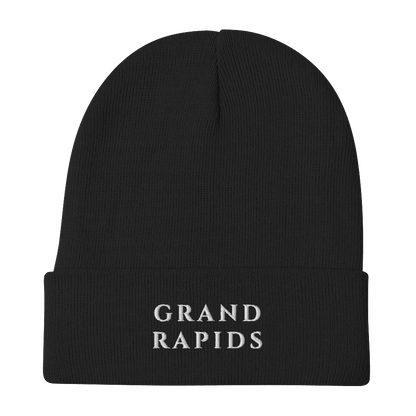 'Grand Rapids' Winter Beanie (Roman-Style Serif Font) | White Embroidery - Circumspice Michigan