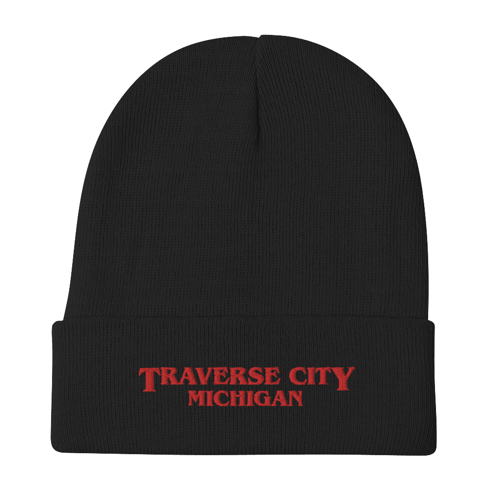 'Traverse City Michigan' Winter Beanie (1980s Drama Parody) | Red/White Embroidery - Circumspice Michigan